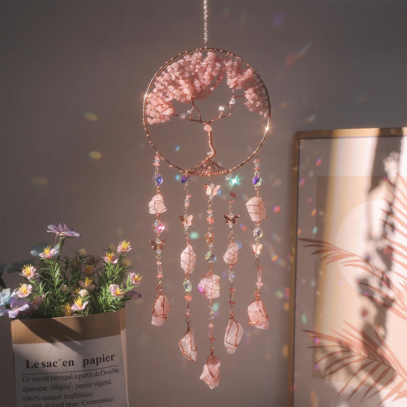 Pink Dream Catchers Crystal Tree of Life Dreamcatcher with Rose Quartz Butterfly Crystal Suncatcher Prism Hangings Wall Window Bedroom Room Decor Gift for Girls Boys Adults