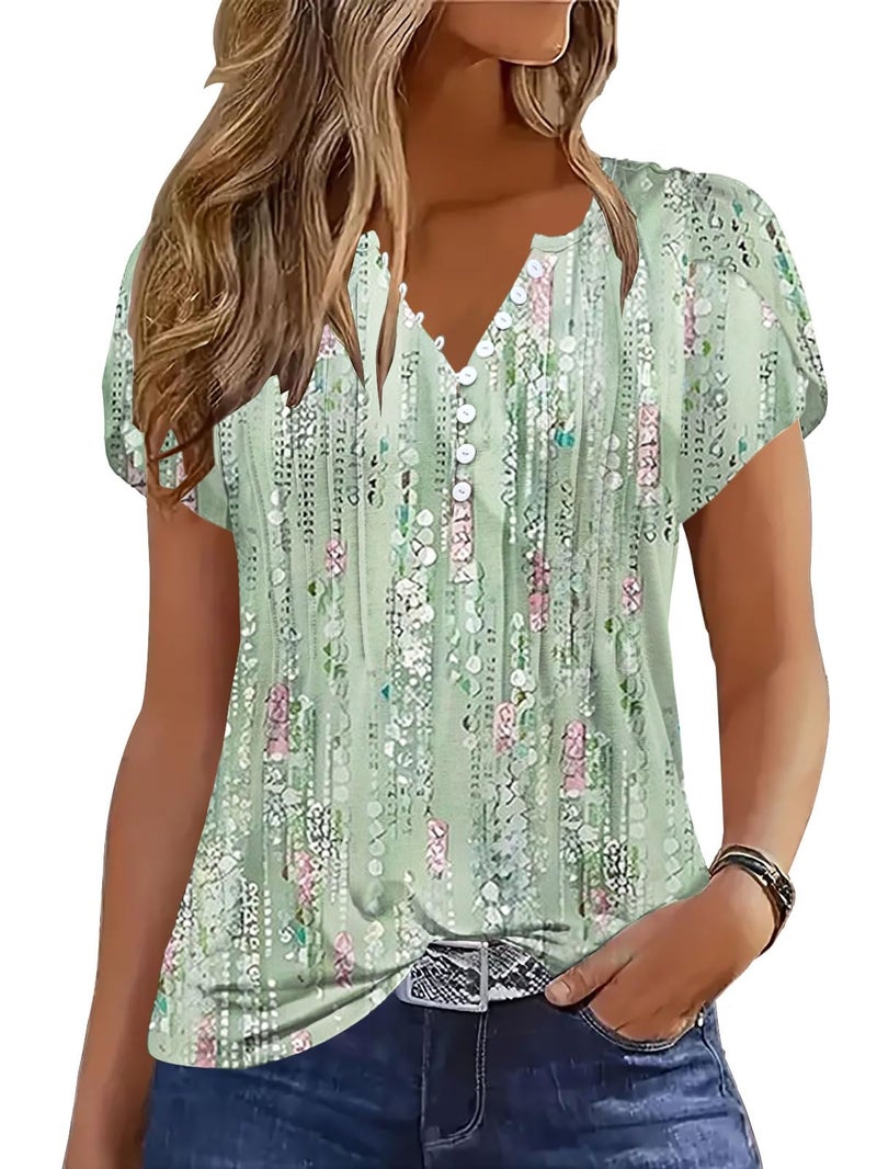Disamer Summer Tops for Women Petal Short Sleeve Shirts Dressy Pleated Tunic 2026 Casual V Neck Button Down Blouses,Dewdrop Green,Large - Image 1