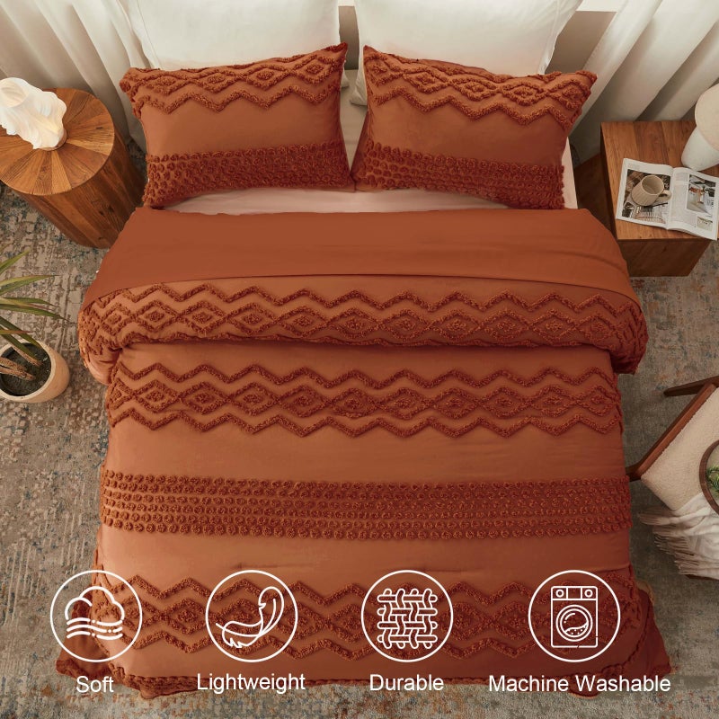 Luxudecor Terracotta Boho Tufted Comforter Set King Size 3 Pieces Boho Shabby Chic Comforter Farmhouse Embroidery Bedding Set Soft Comforter for All Seasons (Terracotta, 104''x90'') - Image 3