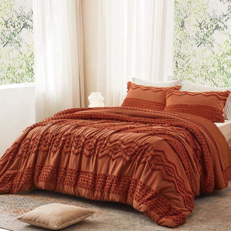 Luxudecor Terracotta Boho Tufted Comforter Set King Size 3 Pieces Boho Shabby Chic Comforter Farmhouse Embroidery Bedding Set Soft Comforter for All Seasons (Terracotta, 104''x90'') - Image 2