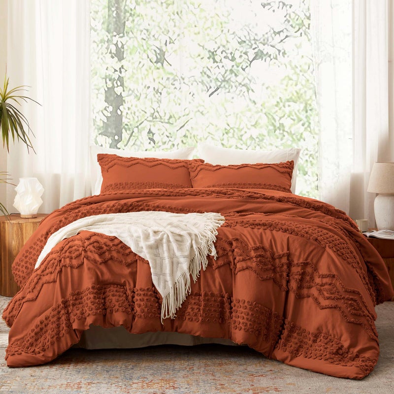 Luxudecor Terracotta Boho Tufted Comforter Set King Size 3 Pieces Boho Shabby Chic Comforter Farmhouse Embroidery Bedding Set Soft Comforter for All Seasons (Terracotta, 104''x90'') - Image 1