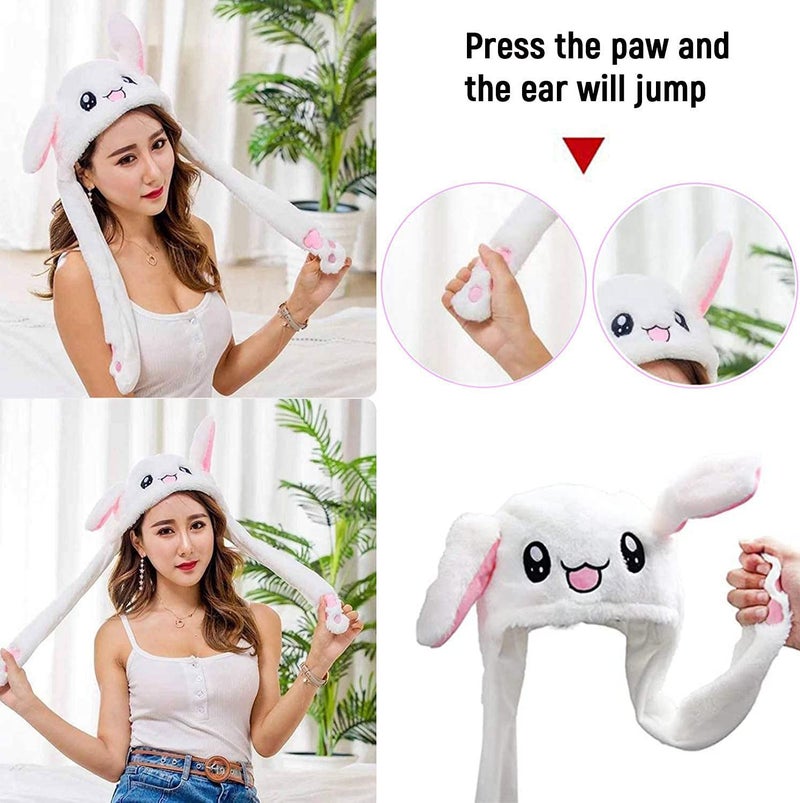 umbresen Bunny Hat Ear Moving Jumping Rabbit Hat Funny Cute Plush Animal Cap with Paws for Kids Women Girl Party Christmas Holiday Birthday Dress up Cosplay Costume Gift (White) - Image 3