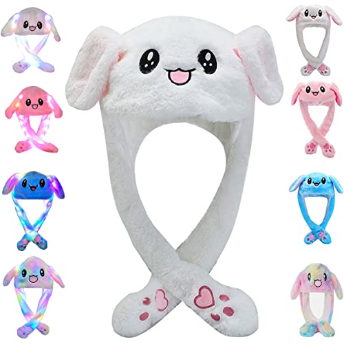 umbresen Bunny Hat Ear Moving Jumping Rabbit Hat Funny Cute Plush Animal Cap with Paws for Kids Women Girl Party Christmas Holiday Birthday Dress up Cosplay Costume Gift (White) - Image 1