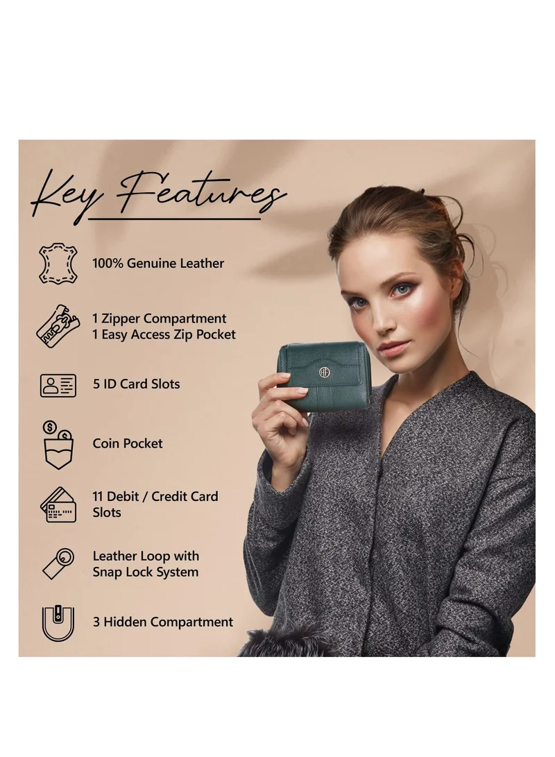 HAMMONDS FLYCATCHER wallet for women - Leather Ladies Wallet - Green - 14 Card Slots - RFID Protection - 3 ID Card Slots - Women's Wallet - Button Closure -Hand Wallet - Daily Use, Money Purse | 2DWX