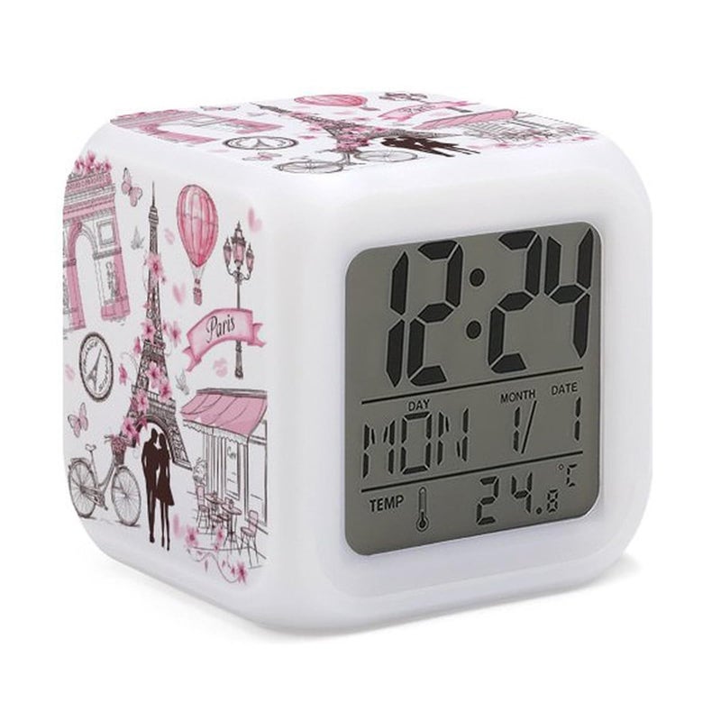 XUWU Romantic Paris Eiffel Tower Alarm Clock for Kids Boy Girl 7 LED Color Changing Wake Up Clock Home Decor Bedroom Digital with Temperature Display
