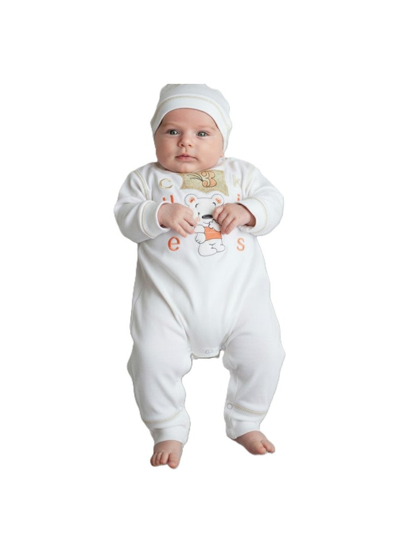 Egyptian Cotton 2 Piece White Jumpsuit and Ice Cap with Snaps, Embroidery Colors, Suitable for Newborn - Image 2