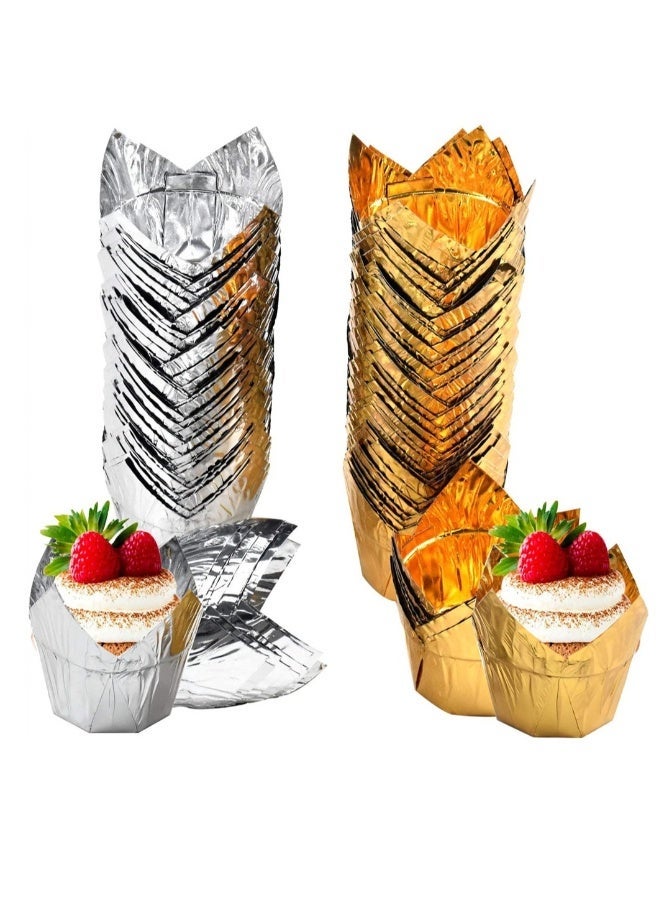 Baking Paper Cups 100 Pcs Cupcake Molds  Muffin Cases Tulip Baking Cups Muffin Liners For Medium Large Cupcakes Mini Cake Party Birthday Silver + Gold