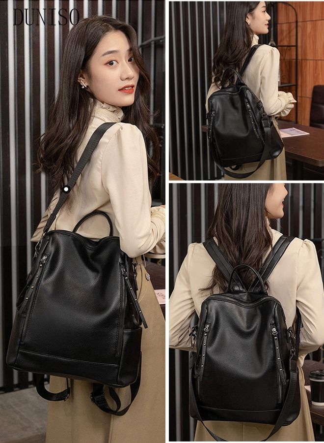 Large Capacity Travel Backpack For Women Faux Leather School Backpack Anti Theft Double Shoulder Backpack For College Girls Students Black