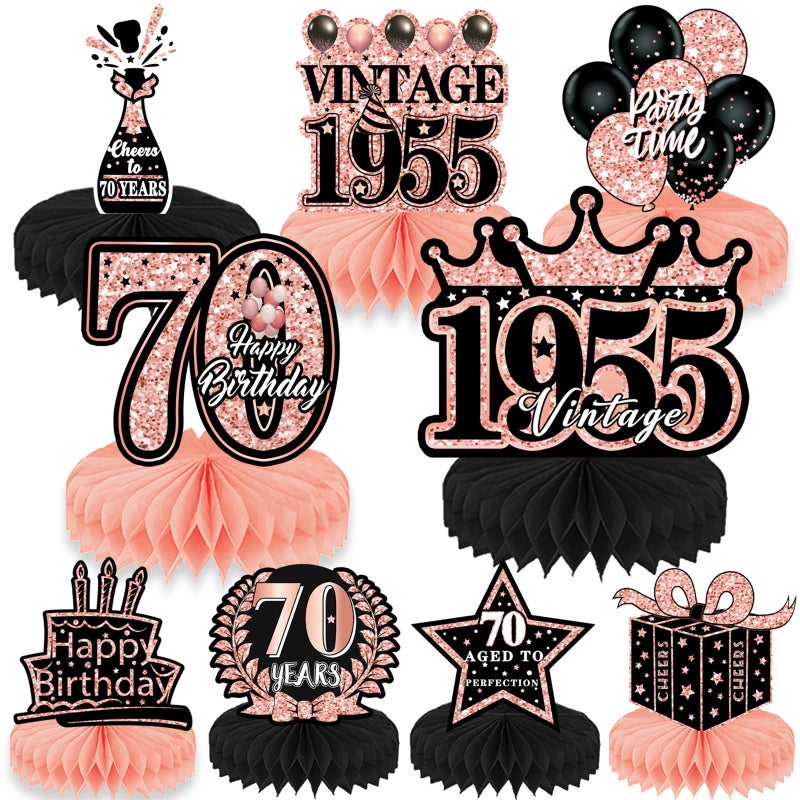 Refavor 70Th Birthday Decorations For Women - 9Pcs Rose Gold 70 Years 1955 Birthday Party Decorations Pink Honeycomb Centerpieces Table Toppers Decor Supplies - Image 1