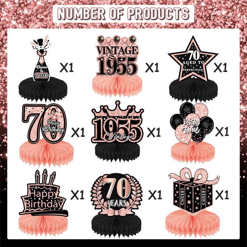 Refavor 70Th Birthday Decorations For Women - 9Pcs Rose Gold 70 Years 1955 Birthday Party Decorations Pink Honeycomb Centerpieces Table Toppers Decor Supplies - Image 2