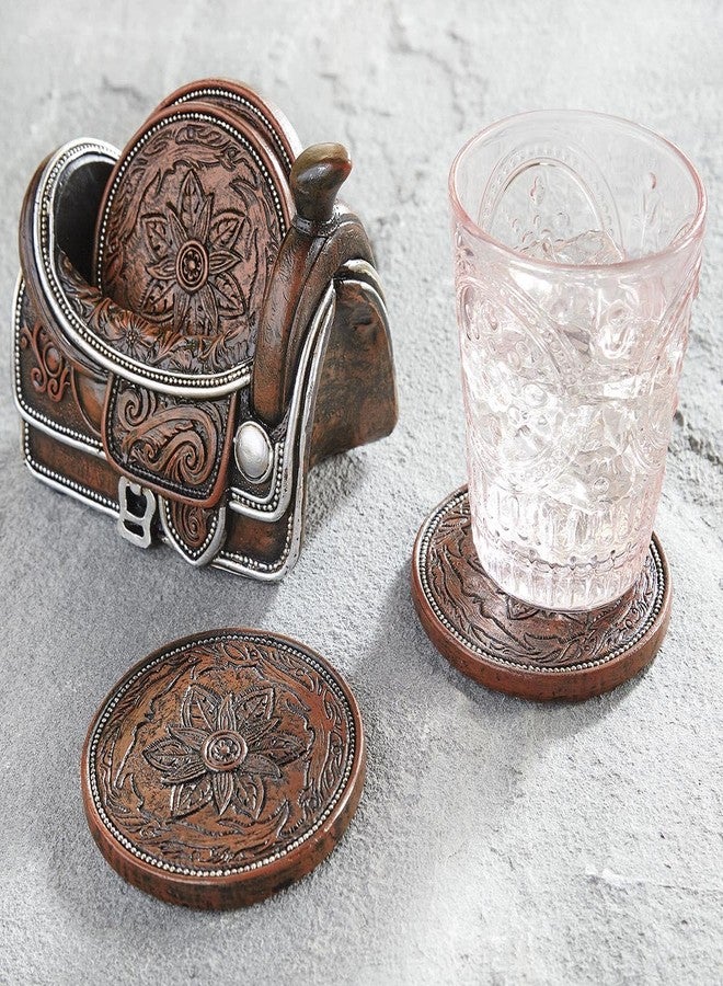 BLACK FOREST DECOR Tooled Leather Saddle Coaster Set with Holder, Includes Four Coasters, 5" W x 3 3/4" D x 4 1/4" H