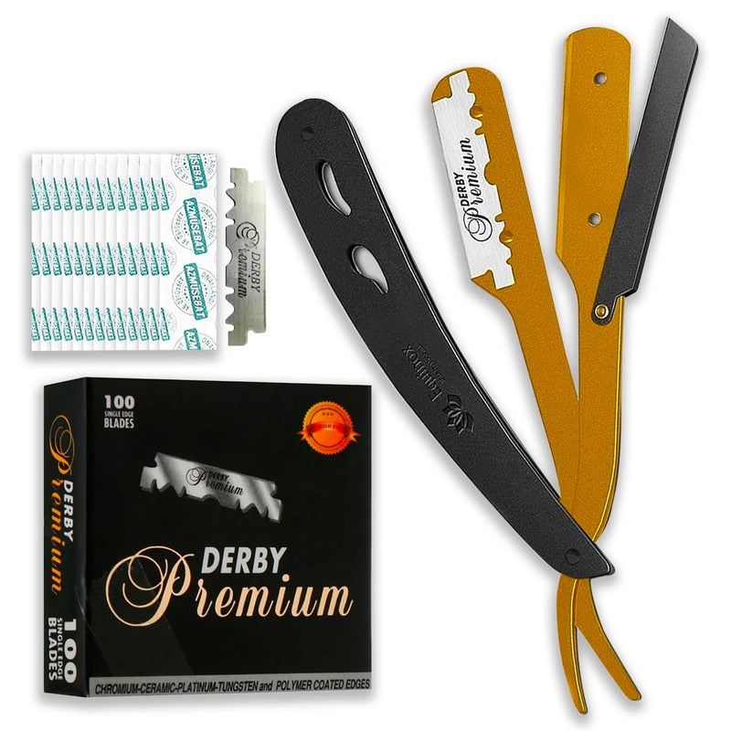Equinox International, Professional Straight Edge Razor With 100 Single Derby Blades Stainless Steel Razor And Blades - Disposable Blades -Barber Straight Razor Kit - Gold & Black - Image 1