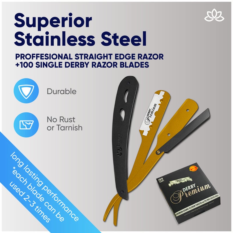 Equinox International, Professional Straight Edge Razor With 100 Single Derby Blades Stainless Steel Razor And Blades - Disposable Blades -Barber Straight Razor Kit - Gold & Black - Image 2