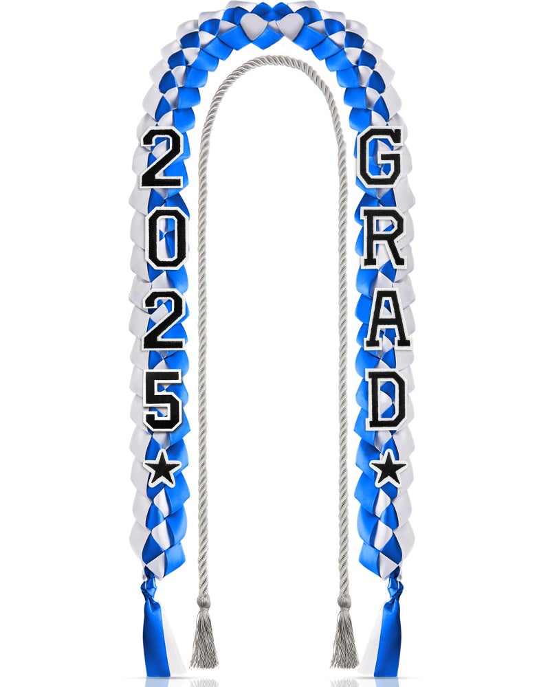 Cindeer Cindeer 10 Pieces Graduation Ribbon Lei Handmade Braided Necklace Honor Cord with Tassel 2025 Grad Embroidery Patches for High School College Graduation Party SuppliesWhite Blue 