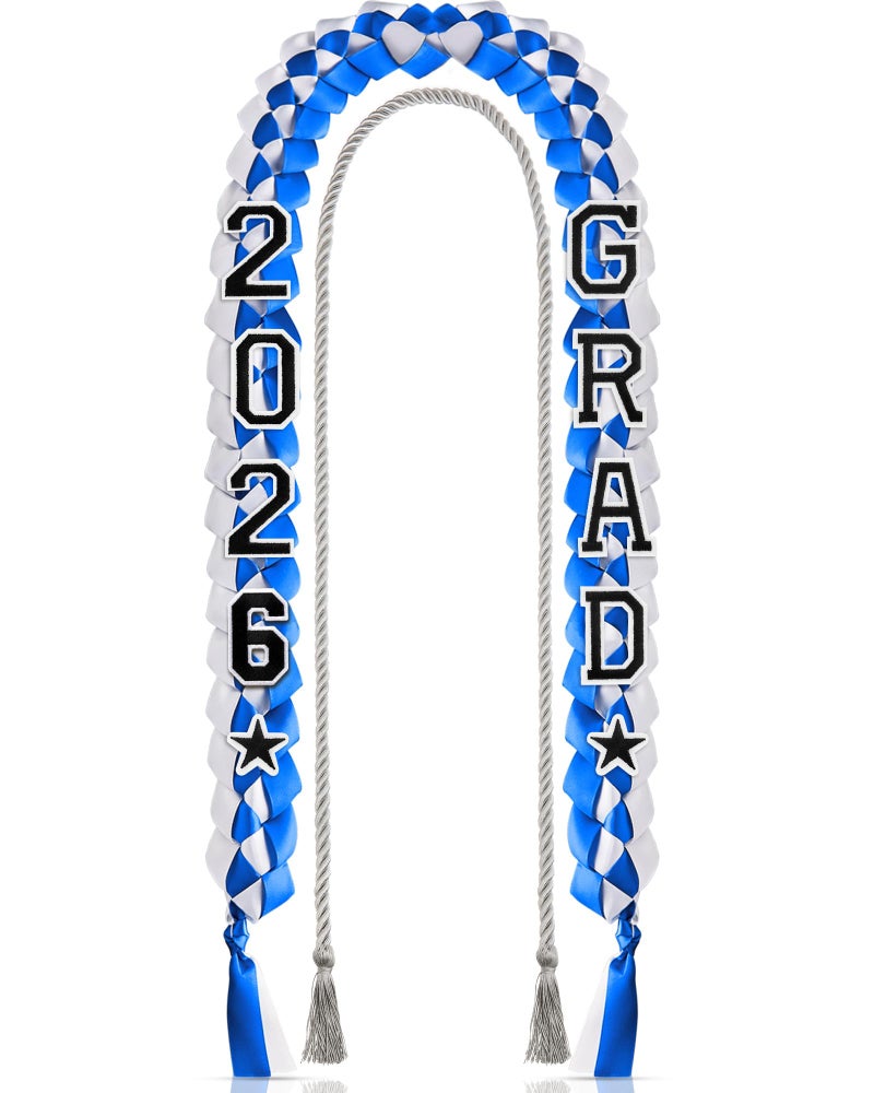 Cindeer 2026 Graduation Ribbon Lei Set Handmade Braided Necklace Honor Cord with Tassel 2026 Grad Embroidery Patches for High School College Graduation Party SuppliesWhite Blue