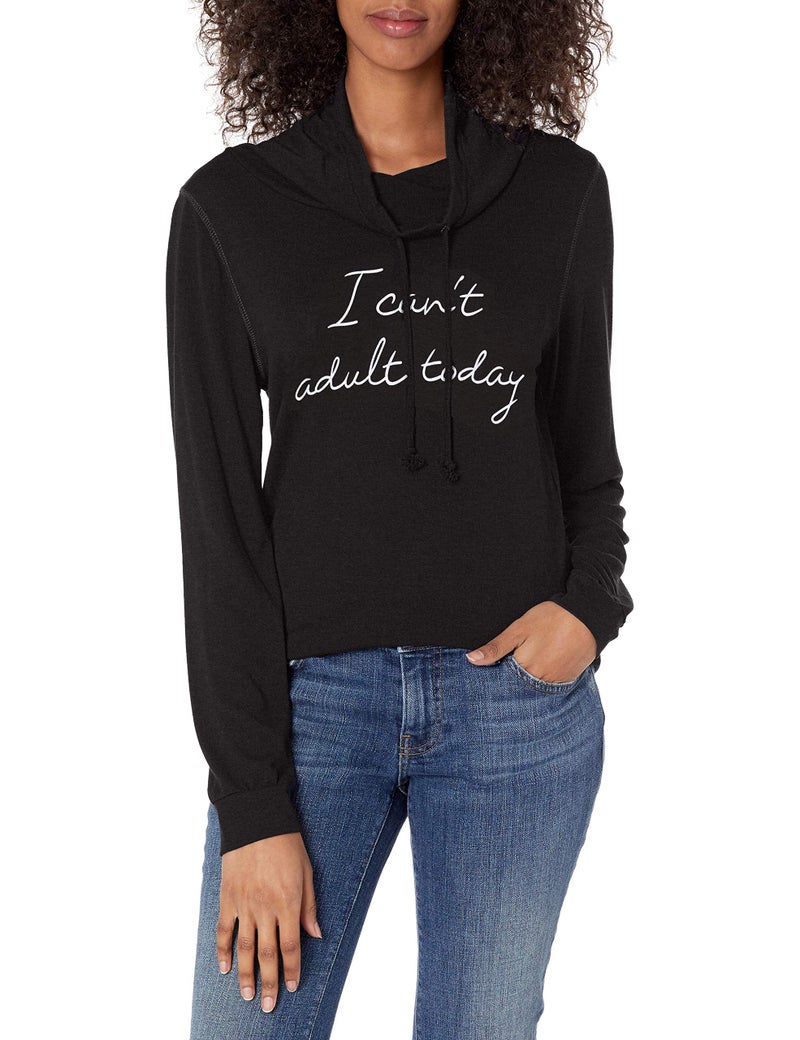 Fifth Sun Women's Sassy Text Long Sleeve Cowl Neck Tees, Black//Can't Adult Script, Medium - Image 5