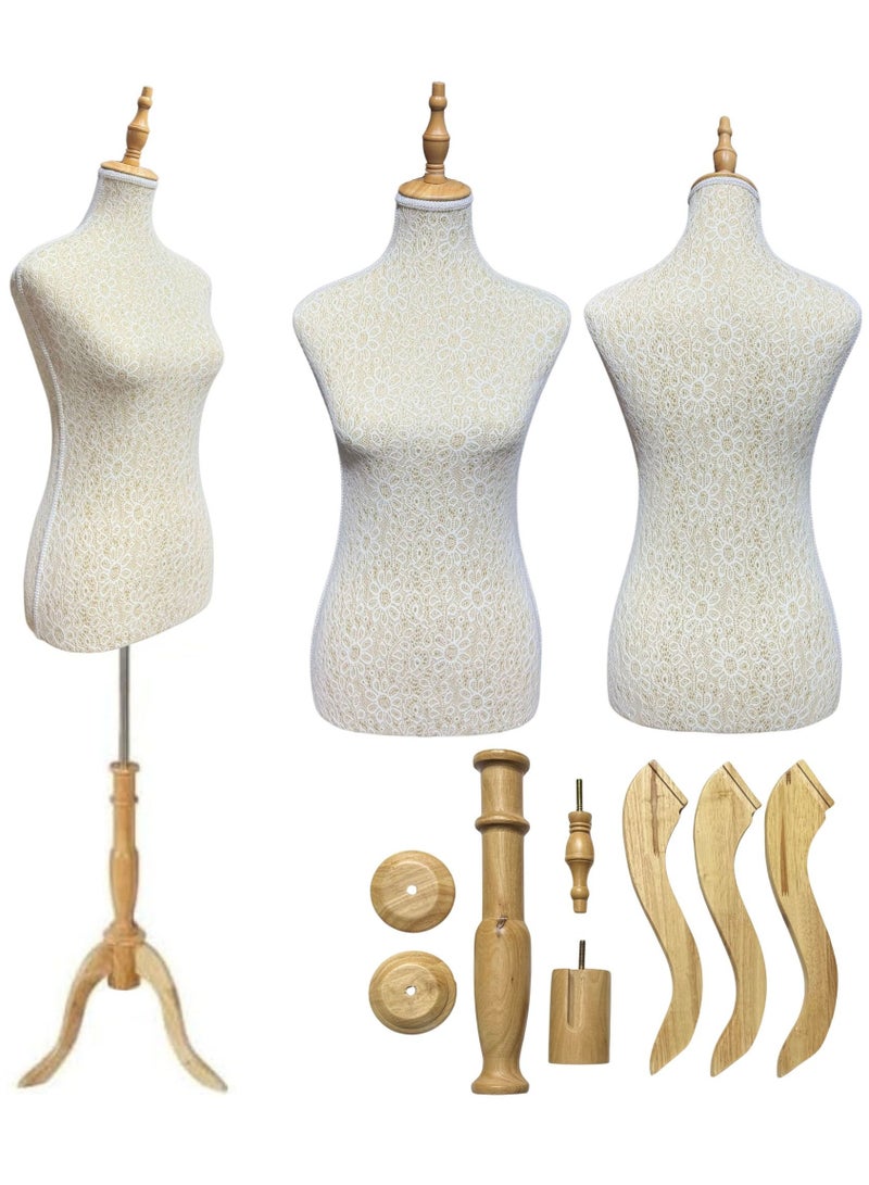 أورتوك جذع عارضة أزياء أنثى مقاس 170 سم مع حامل خشبي ثلاثي القوائم قابل للتعديل، جذع عارضة أزياء نسائية لمتجر الملابس، رأس عارضة، نافذة عرض ملابس، محلات، نماذج ملابس مجوهرات - Image 1