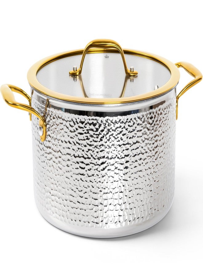 Michelangelo Triply Stainless Steel Stock Pot with Lid, Luxury Hammered Stainless Steel 6 Quart Pot with Lid & Golden Handle, Premium Induction Stockpot - 6QT - Image 1