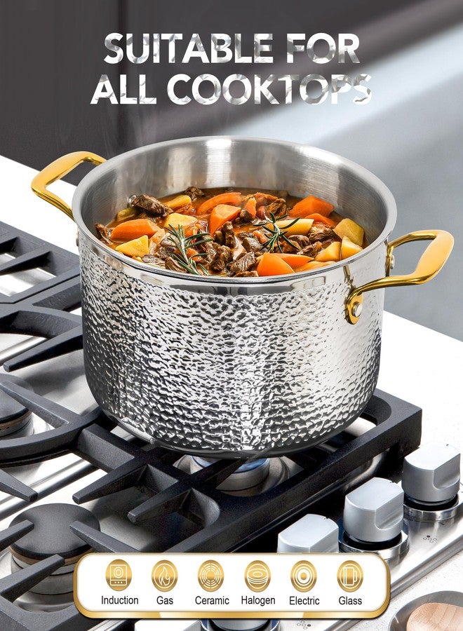 Michelangelo Triply Stainless Steel Stock Pot with Lid, Luxury Hammered Stainless Steel 6 Quart Pot with Lid & Golden Handle, Premium Induction Stockpot - 6QT - Image 3