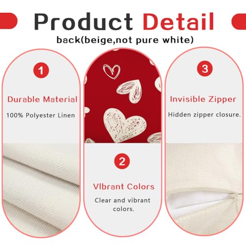 RABUSOFA Valentines Love Heart Pillow Covers 18x18 Inch Set of 2, Red White Outdoor Romantic Holiday Party Cushion Cases Valentine Decoration for The Home Sofa Couch Indoor (Red, 18" x 18") - Image 3