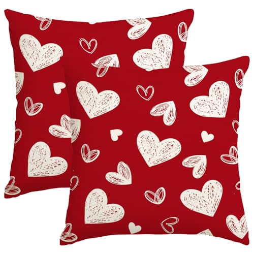 RABUSOFA Valentines Love Heart Pillow Covers 18x18 Inch Set of 2, Red White Outdoor Romantic Holiday Party Cushion Cases Valentine Decoration for The Home Sofa Couch Indoor (Red, 18" x 18") - Image 1
