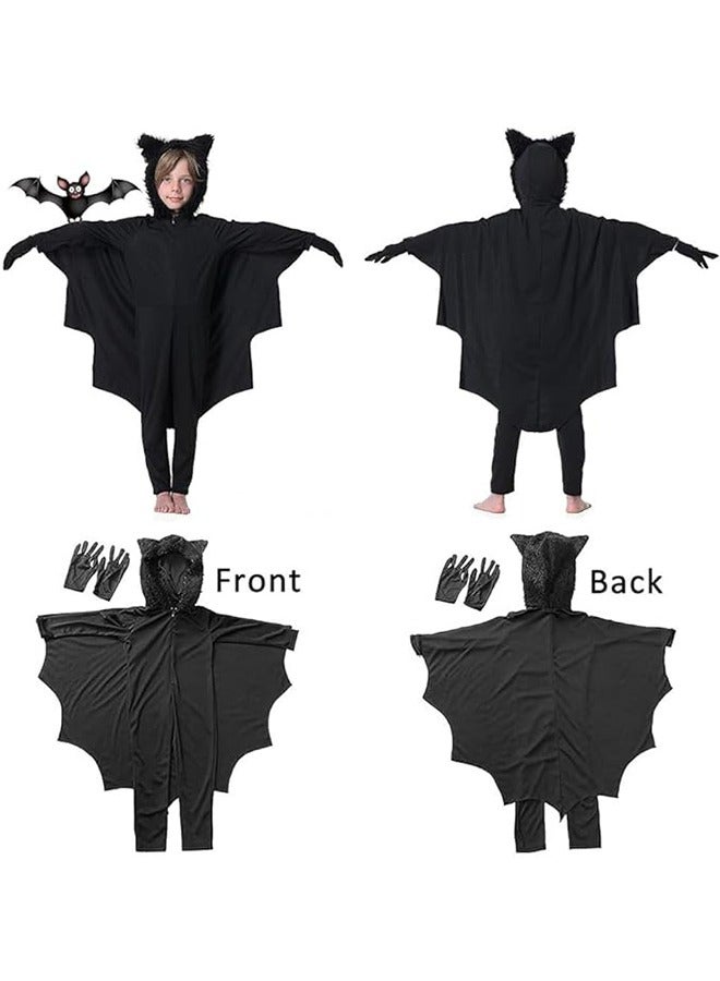 Kids Halloween Costume Fancy Dress Black Bat Wings Hooded Cape Cosplay Party Costume and Gloves for Boys&Girls (S) - Image 3