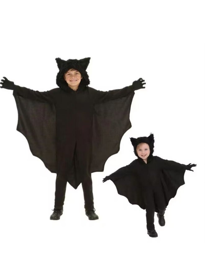 Kids Halloween Costume Fancy Dress Black Bat Wings Hooded Cape Cosplay Party Costume and Gloves for Boys&Girls (S) - Image 1