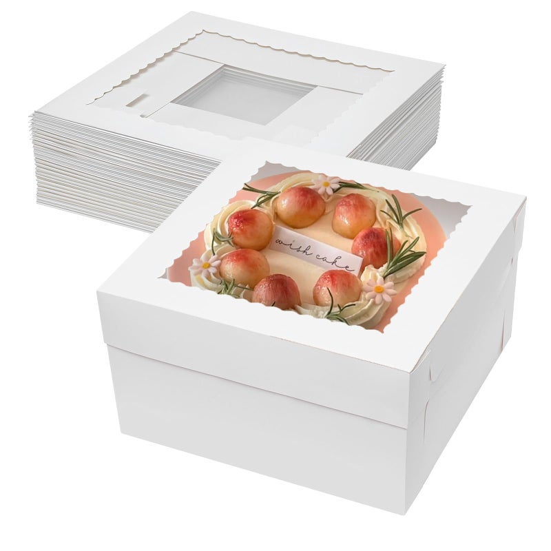 Mefleet 14x14x6 Inch Cake Boxes 10pcs Bakery Boxes for Tier Cakes with Window 14 Inch White Large Tall Cardboard Bakery Take Out Carrier Containers with Lids for Wedding, Birthday, Party - Image 1