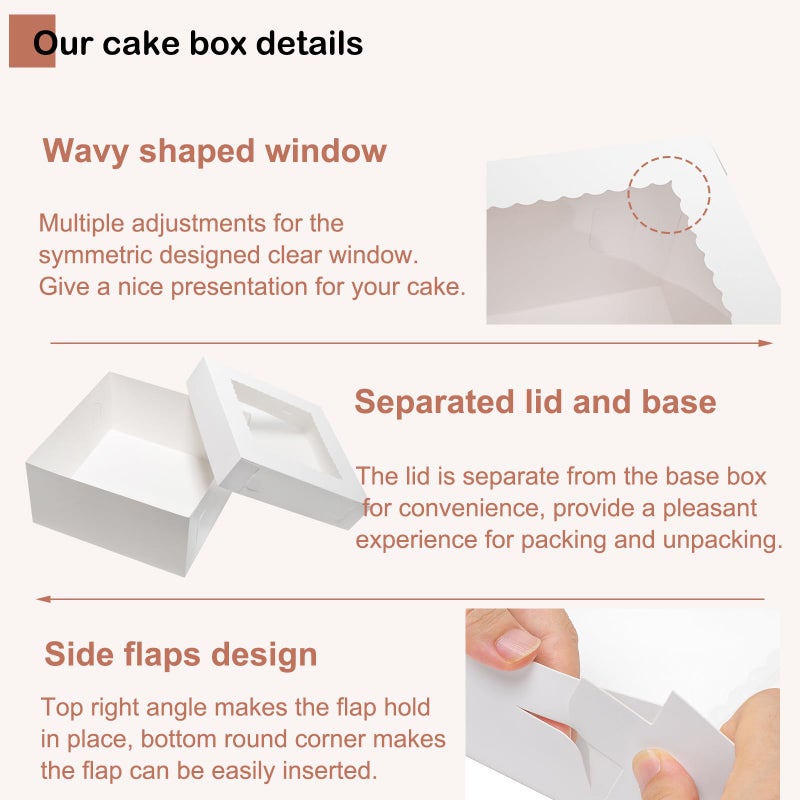 Mefleet 14x14x6 Inch Cake Boxes 10pcs Bakery Boxes for Tier Cakes with Window 14 Inch White Large Tall Cardboard Bakery Take Out Carrier Containers with Lids for Wedding, Birthday, Party - Image 3