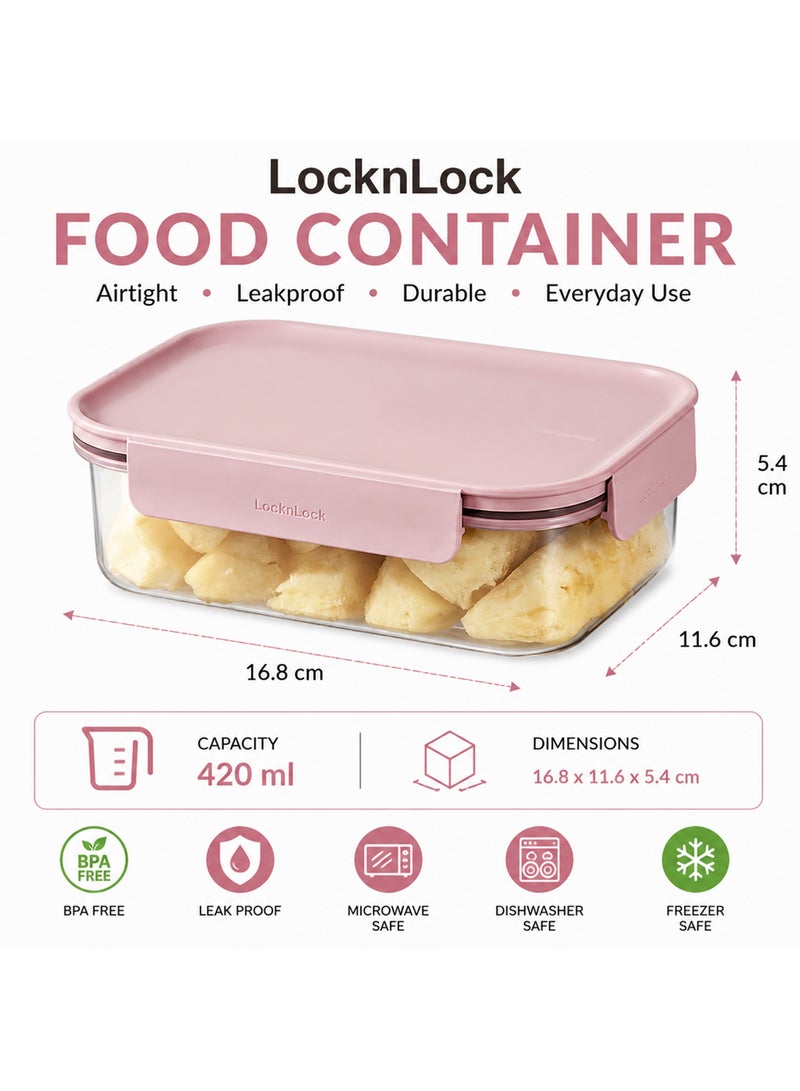LocknLock حاوية طعام لوكن لوك كلاسيك بلس مستطيلة - 420 مل وردي، قفل من 4 جوانب، قابلة للتكديس ومضادة للتسرب - Image 2