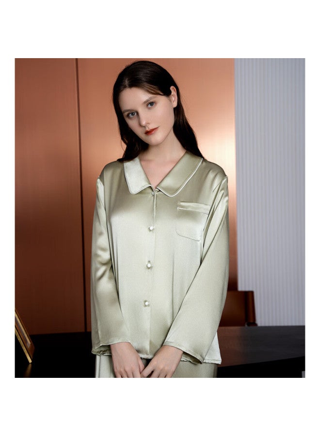MEIBIAO American Standard 19mm Heavyweight 6a Grade Mulberry Silk Long Sleeve Pajamas Spring Autumn Women's Cardigan Loungewear Bean Green 2XL - Image 2
