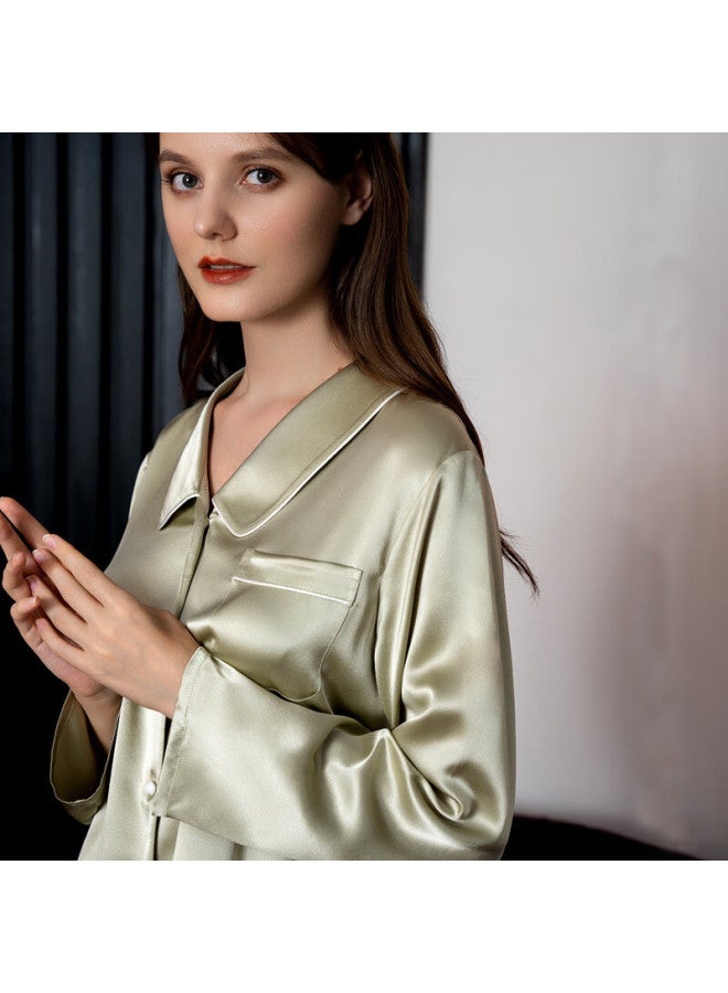 MEIBIAO American Standard 19mm Heavyweight 6a Grade Mulberry Silk Long Sleeve Pajamas Spring Autumn Women's Cardigan Loungewear Bean Green 2XL - Image 3