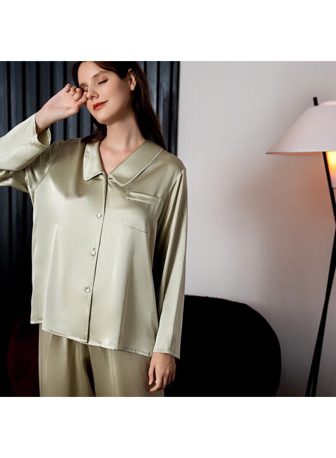 MEIBIAO American Standard 19mm Heavyweight 6a Grade Mulberry Silk Long Sleeve Pajamas Spring Autumn Women's Cardigan Loungewear Bean Green 2XL - Image 5