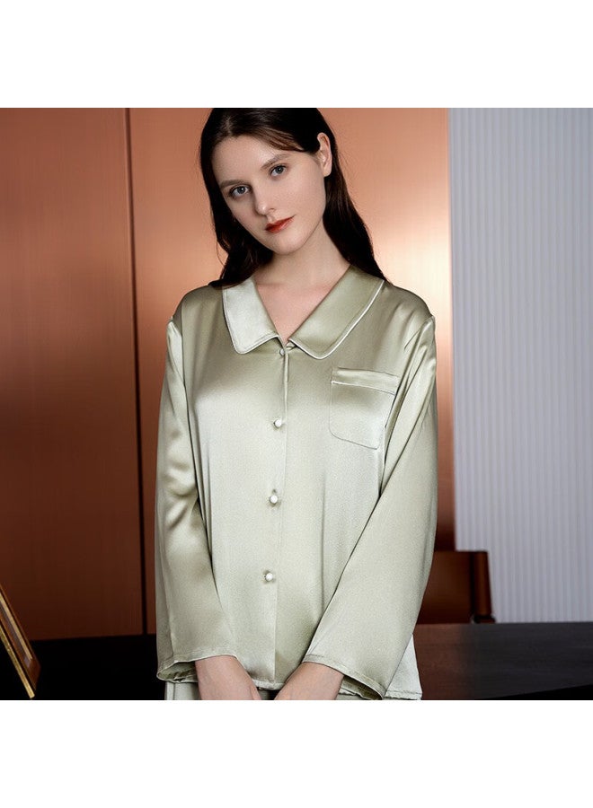 MEIBIAO American Standard 19mm Heavyweight 6a Grade Mulberry Silk Long Sleeve Pajamas Spring Autumn Women's Cardigan Loungewear Bean Green 2XL - Image 4