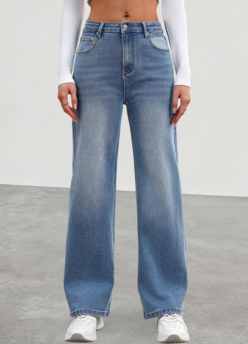 HDLTE Women Wide Leg Jeans Junior High Waist Baggy Jean Loose Boyfriends Jeans Blue Washed - Image 3