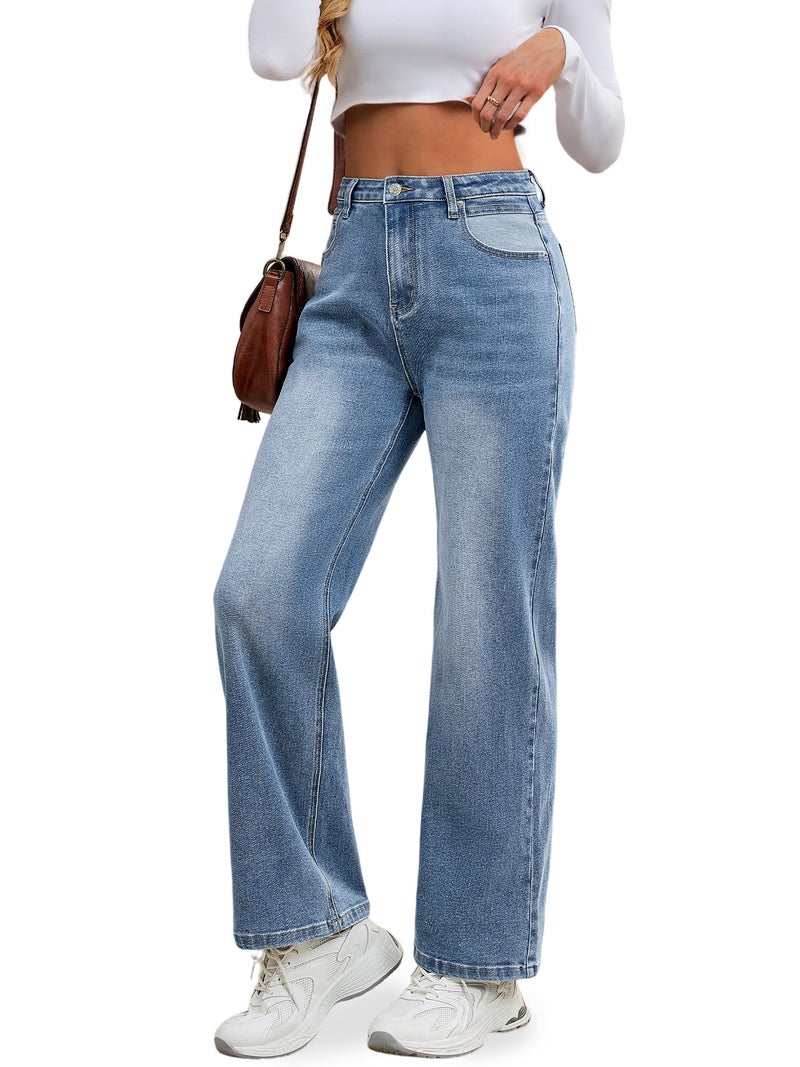 HDLTE Women Wide Leg Jeans Junior High Waist Baggy Jean Loose Boyfriends Jeans Blue Washed - Image 5
