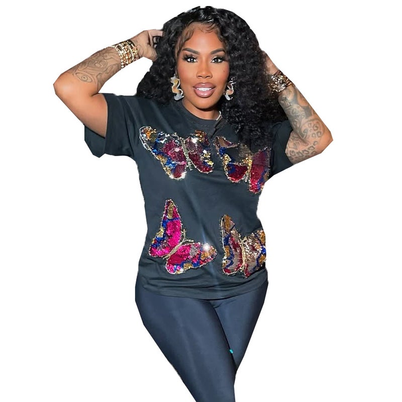 Women's Sequin Embellished Crew Neck T-Shirt - Image 5