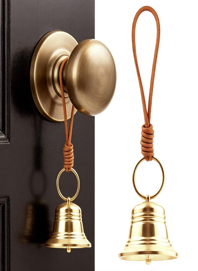 LUSTRIB 1 Pcs Small Brass Hanging Bells for Door Knob, Vintage Gold Door Bell with Leather Rope, Shopkeepers Bell for Front Door Opening, Jingle Bell for Home Office Garden Shop & Christmas Decor - Image 1