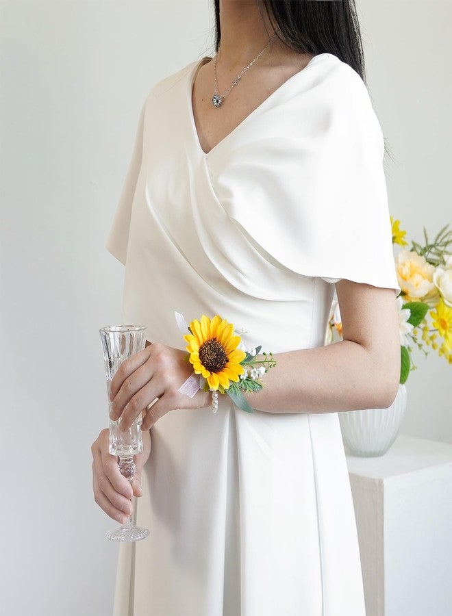 WEIERYUE Artificial SunflowerWrist Corsage,Bride Groom Bridesmaid Wedding Flower Corsage Set,Formal Party and Vintage Wedding (2pcs Sunflower Wrist Corsage) - Image 2
