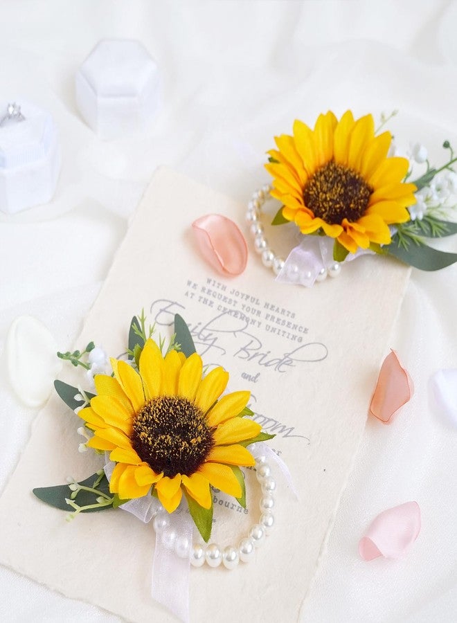 WEIERYUE Artificial SunflowerWrist Corsage,Bride Groom Bridesmaid Wedding Flower Corsage Set,Formal Party and Vintage Wedding (2pcs Sunflower Wrist Corsage) - Image 5