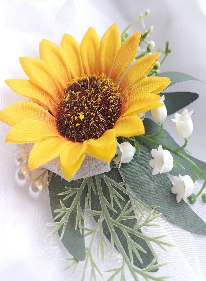 WEIERYUE Artificial SunflowerWrist Corsage,Bride Groom Bridesmaid Wedding Flower Corsage Set,Formal Party and Vintage Wedding (2pcs Sunflower Wrist Corsage) - Image 4