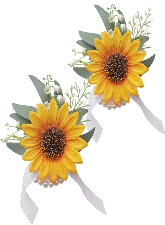 WEIERYUE Artificial SunflowerWrist Corsage,Bride Groom Bridesmaid Wedding Flower Corsage Set,Formal Party and Vintage Wedding (2pcs Sunflower Wrist Corsage) - Image 1