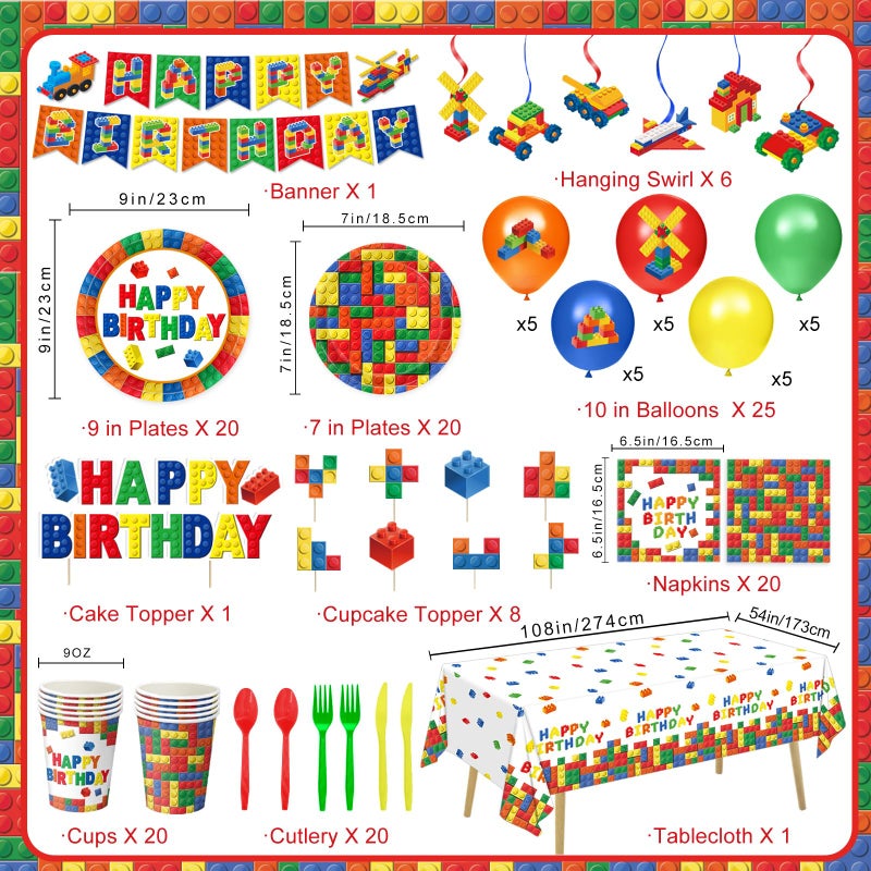 QIYANPAX 173 PCS Building Block Birthday Party Decorations - Plates, Napkins, Cups, Cutlery, Cake & Cupcake Toppers, Banner, Hanging Swirls, Tablecloth, Balloons for Boys' Kids' Birthday Party, Serves 20 - Image 2