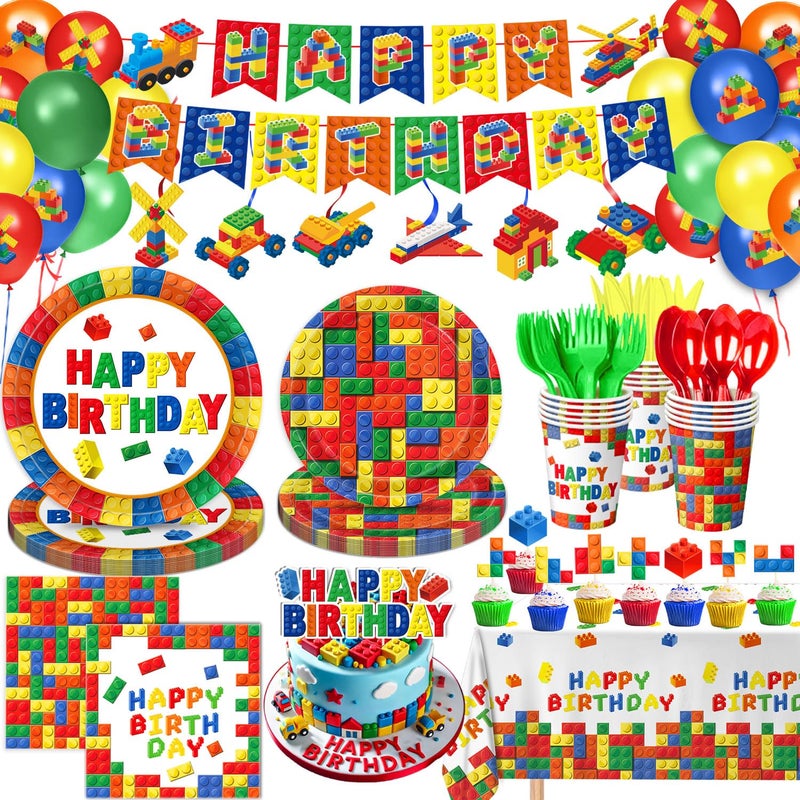 QIYANPAX 173 PCS Building Block Birthday Party Decorations - Plates, Napkins, Cups, Cutlery, Cake & Cupcake Toppers, Banner, Hanging Swirls, Tablecloth, Balloons for Boys' Kids' Birthday Party, Serves 20 - Image 1