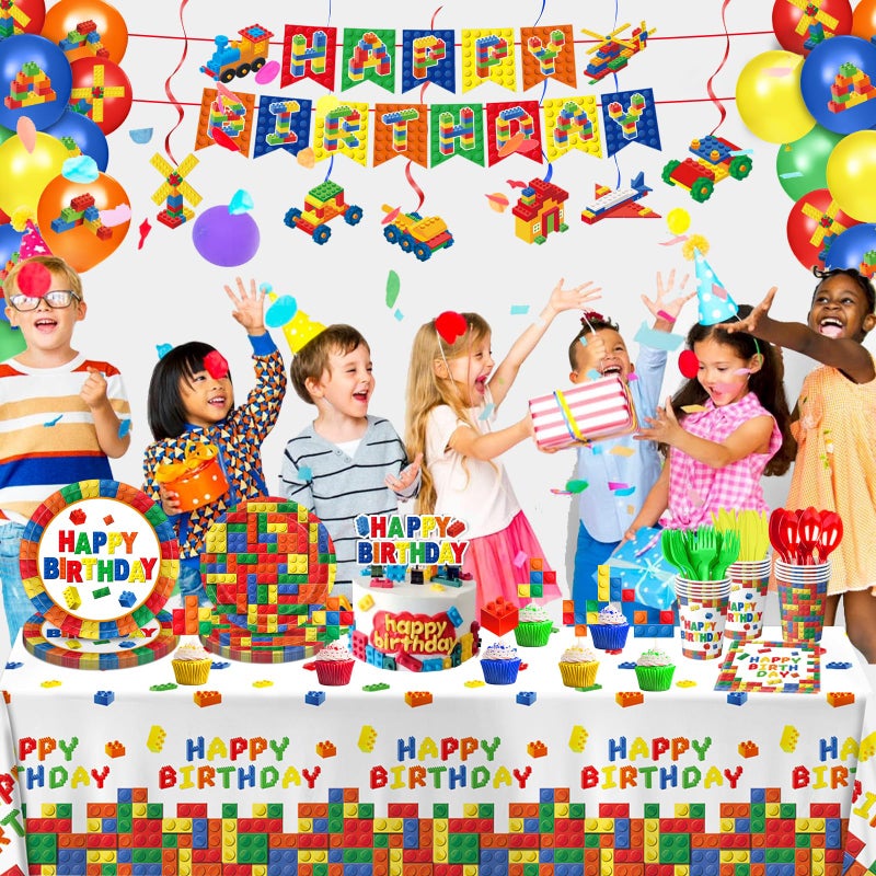 QIYANPAX 173 PCS Building Block Birthday Party Decorations - Plates, Napkins, Cups, Cutlery, Cake & Cupcake Toppers, Banner, Hanging Swirls, Tablecloth, Balloons for Boys' Kids' Birthday Party, Serves 20 - Image 5