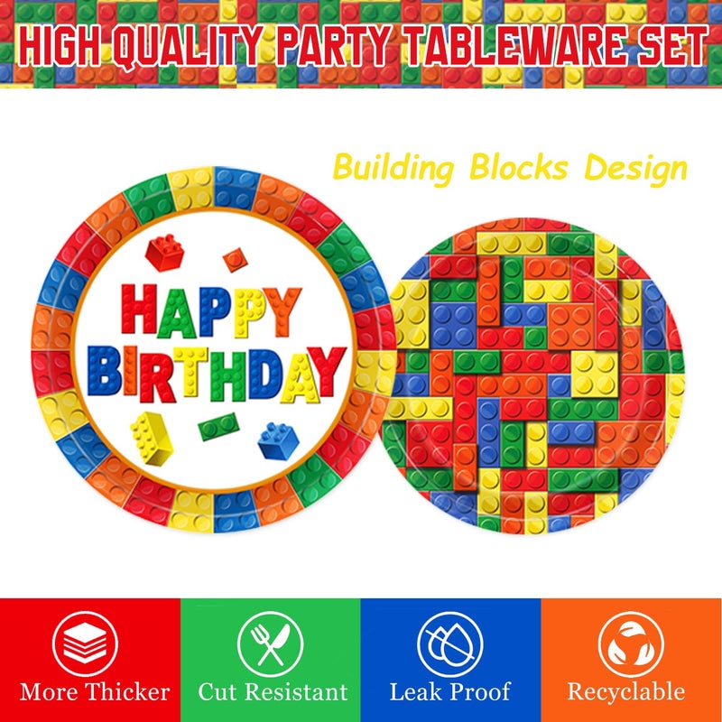 QIYANPAX 173 PCS Building Block Birthday Party Decorations - Plates, Napkins, Cups, Cutlery, Cake & Cupcake Toppers, Banner, Hanging Swirls, Tablecloth, Balloons for Boys' Kids' Birthday Party, Serves 20 - Image 3