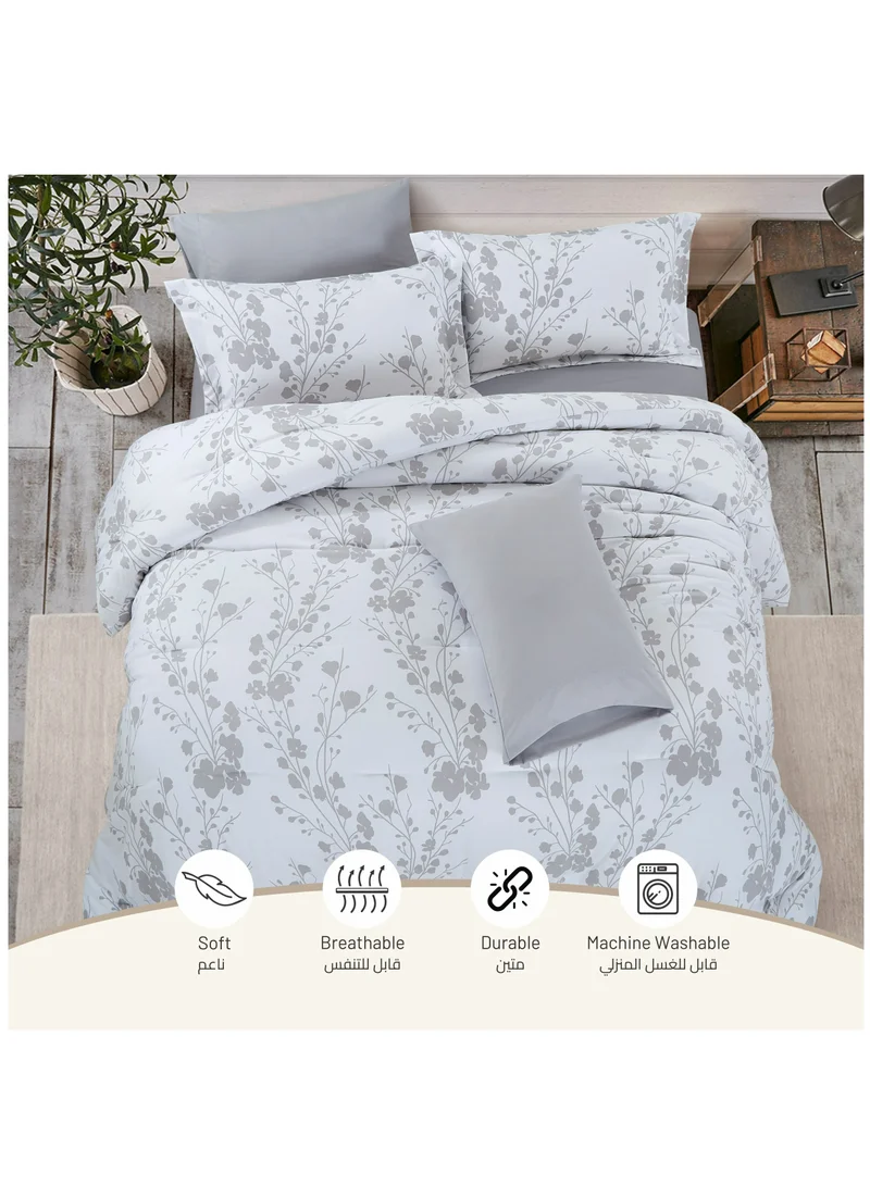 Donetella Printed Comforter Set 7-Pcs King Size 260 X 240 Cms All Season Double Bed Bedding Set With Removable Filler And Down Alternative Filling,White Silver