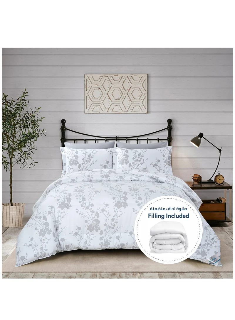 Donetella Printed Comforter Set 7-Pcs King Size 260 X 240 Cms All Season Double Bed Bedding Set With Removable Filler And Down Alternative Filling,White Silver