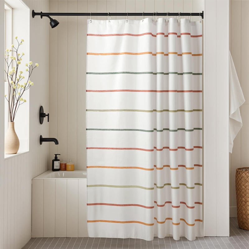 Treory Rainbow Striped Shower Curtain Set: Cute Boho Stripe Kids Shower Curtain with Hooks, Minimalist Printed Bohemian Pattern Waterproof Fabric, Modern Farmhouse Home Decor for Bathroom, 72" x 72" - Image 1