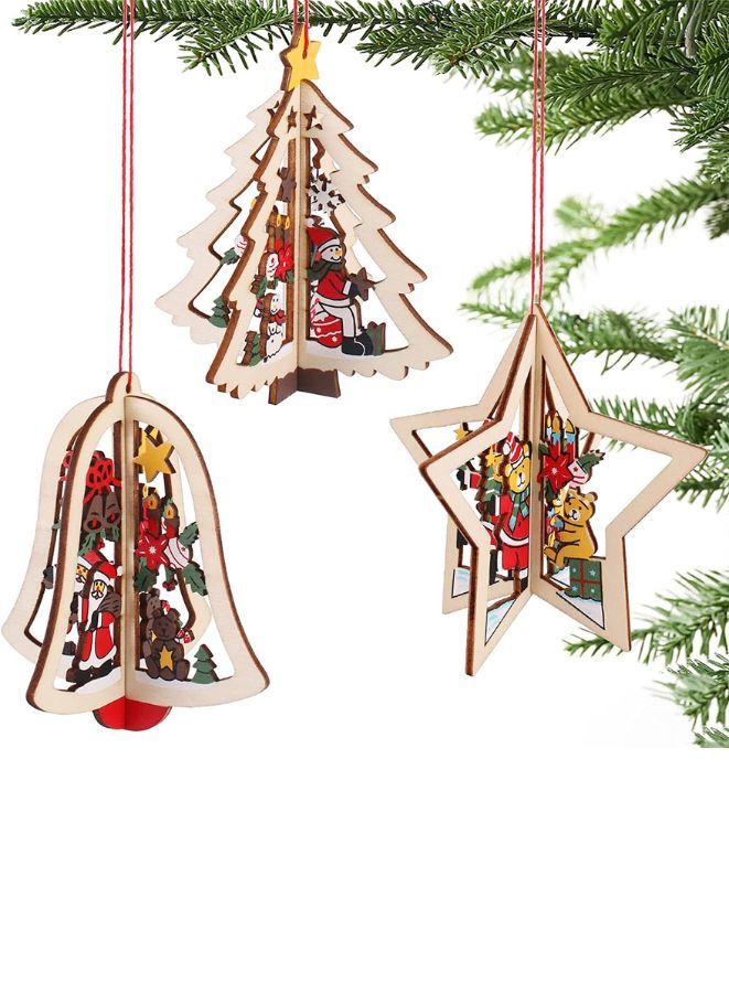 Christmas Tree Pendants Wooden Hollow 3D Ornaments for Party Decoration Christmas Tree  - Image 4